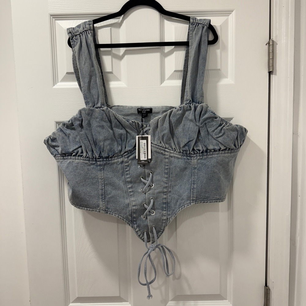 PrettyLittleThing Plus Size‎ Denim Lace Up Ruched Bust Corset Top 24 Cowgirl